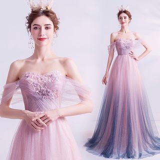 Off-shoulder Flower Applique Gradient A-line Evening Gown