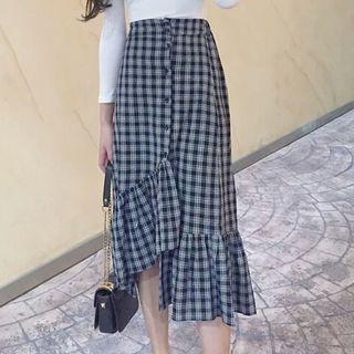 Plaid Asymmetrical A-line Midi Skirt