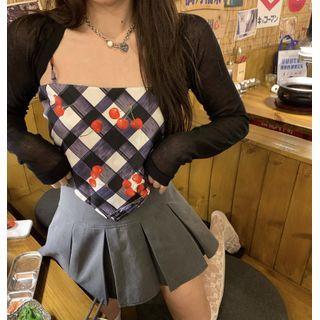Long-sleeve Crop Top / Cherry Print Argyle Camisole Top