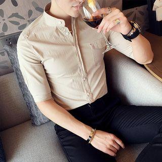 Plain Elbow-sleeve Stand Collar Shirt