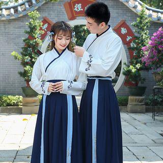 Couple Matching Set: Long-sleeve Hanfu Top + Elbow-sleeve Jacket + Maxi Skirt