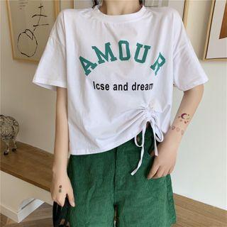 Drawstring Print Short-sleeve Cropped Top