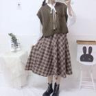 Lace-up Blouse / V-neck Knit Vest / Plaid Midi A-line Skirt