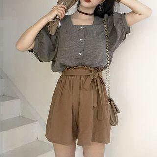 Elbow-sleeve Square-neck Blouse / High-waist Wide Leg Shorts