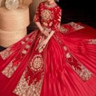 Set: Embroidered Chinese Wedding Cheongsam + Maxi Skirt + Headpiece + Earring