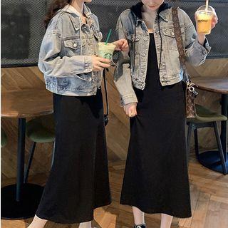 Spaghetti Strap Midi Dress / Hooded Buttoned Denim Jacket
