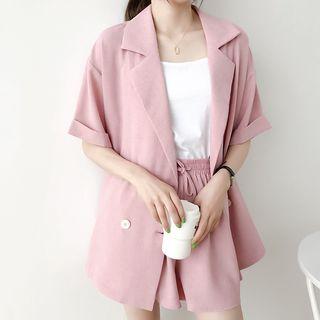 Set: Double-breasted Elbow-sleeve Blouse + Shorts