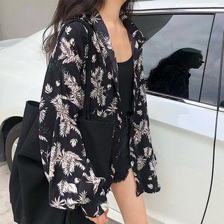 Leaf Print Buttoned Jacket Black - One Size