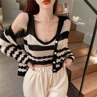 Set: Striped Pointelle Knit Cropped Camisole Top + Cardigan