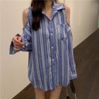 Striped Cold-shoulder Shirt Blue - One Size