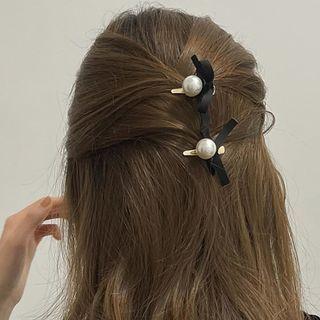 Set Of 2 : Butterfly Faux Pearl Hair Clamp 1 Pair - Black & Gold & White - One Size