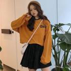 Cropped Drop-shoulder Long-sleeve T-shirt/ Drawstring Waist A-line Skirt