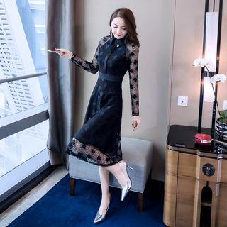 Long-sleeve Collared Midi A-line Lace Dress