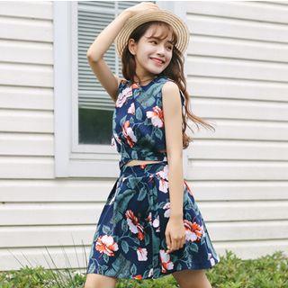Set: Floral Print Sleeveless Crop Top + A-line Skirt