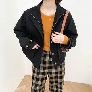 Mock-neck Plain Button-up Pocket Zip Oversize Jacket