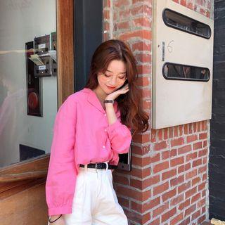 Plain Long-sleeve Blouse Pink - One Size