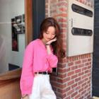 Plain Long-sleeve Blouse Pink - One Size
