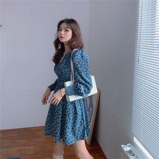 Floral Long-sleeve A-line Dress Blue - One Size