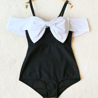 Set Of 2: Two-tone Swimsuit + Lace Swim Skirt