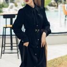Set: Long-sleeve Tie-neck Midi A-line Dress + Faux Leather Belt