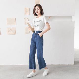 Fringed Trim Crop Wide Leg Jeans
