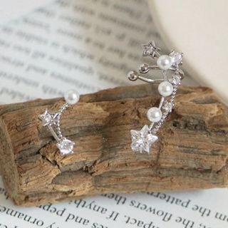 Non-matching Faux Pearl Star Cuff Earring Stud Earring - White - One Size