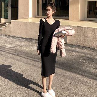 Long-sleeve Cutout Knit Midi Dress Black - One Size