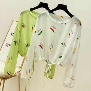 Lace-up Printed Long-sleeve Knit Top