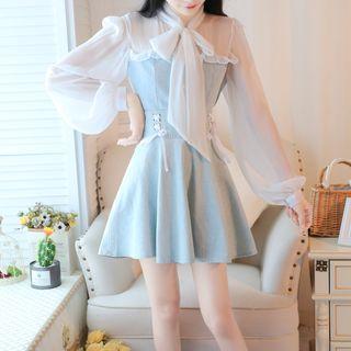 Tie-neck Lace-up Panel Sleeve Dress