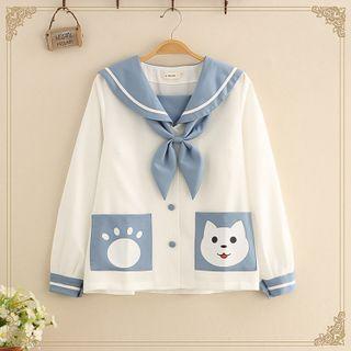 Long Sleeve Sailor Collar Cat Print Top