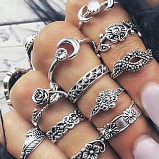 Set Of 11 : Embossed Alloy Ring (assorted Designs)