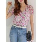 Rhinestone Frilled Floral-lace Blouse Pink - One Size