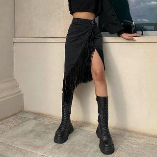 Fringed Trim Slit Midi Pencil Skirt