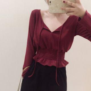 Long Sleeve V-neck Drawstring Smocked Top