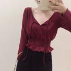 Long Sleeve V-neck Drawstring Smocked Top