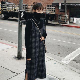 Turtleneck Long-sleeve Knit Top / Plaid Pinafore Dress / Set