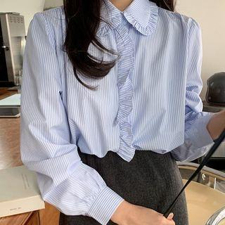 Striped Ruffle Trim Blouse Light Blue - One Size