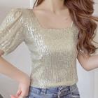 Sequined Short-sleeve Square-neck Cropped Blouse