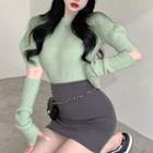 Set: Puff-sleeve Plain Sweater + Fingerless Gloves
