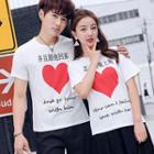 Couple Matching Heart Print Short-sleeve T-shirt / Plain Shorts / Lace Skirt