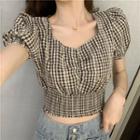 Puff-sleeve Gingham Cropped Top