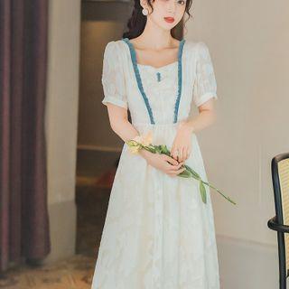 Ruffle Trim Lace-up Back Midi A-line Dress