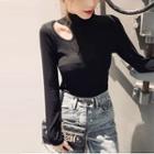 Mock-neck Cutout Knit Top Black - One Size