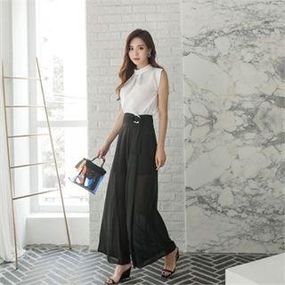 Buckled-waist Sheer Wide-leg Pants