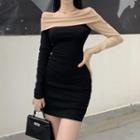 Long-sleeve Off-shoulder Two Tone Mini Sheath Dress