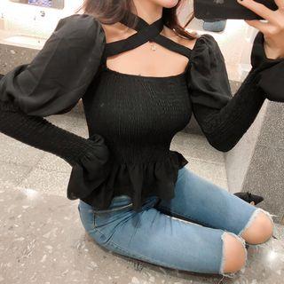 Tie-neck Bell-sleeve Smocked Top
