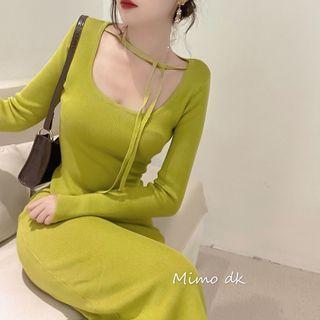 Long-sleeve Tie Neck Midi Sheath Knit Dress