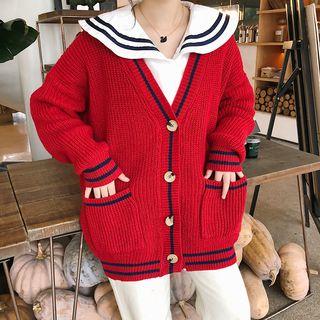 Contrast-trim Buttoned Cardigan/ Sailor Collar Long-sleeve Blouse