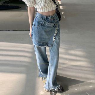 Patched Distressed Wide Leg Jeans