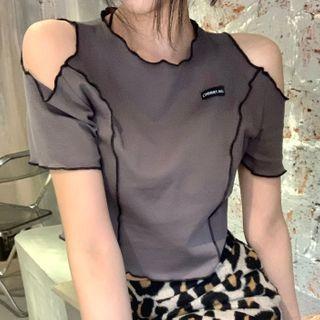 Short-sleeve Contrast Stitching Cold-shoulder Top